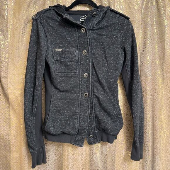 Y2K 2000s Fox Racing Charcoal Gray Button Up Hooded Sweater Womens Small - Picture 1 of 9